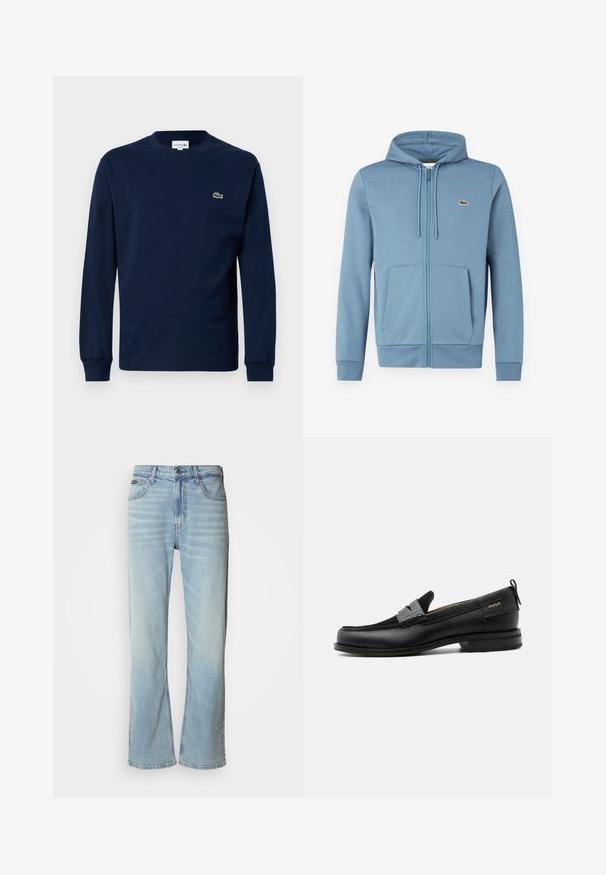 Lyseblå zip-up hoodie lavet af blødt stof. Har en hætte med snore, forlommer og et brandlogo på brystet.; Marine langærmet t-shirt lavet af bomuld, med rund hals og et lille grønt krokodillelogo på venstre bryst.; Lyseblå denimjeans med lige ben, der har fem lommer, knaplukning og en subtil falmning på stoffet.; Sort læderloafer med grå remdetalje, lav hæl og tekstureret sål, mærket med "HUGO" i guld på siden.