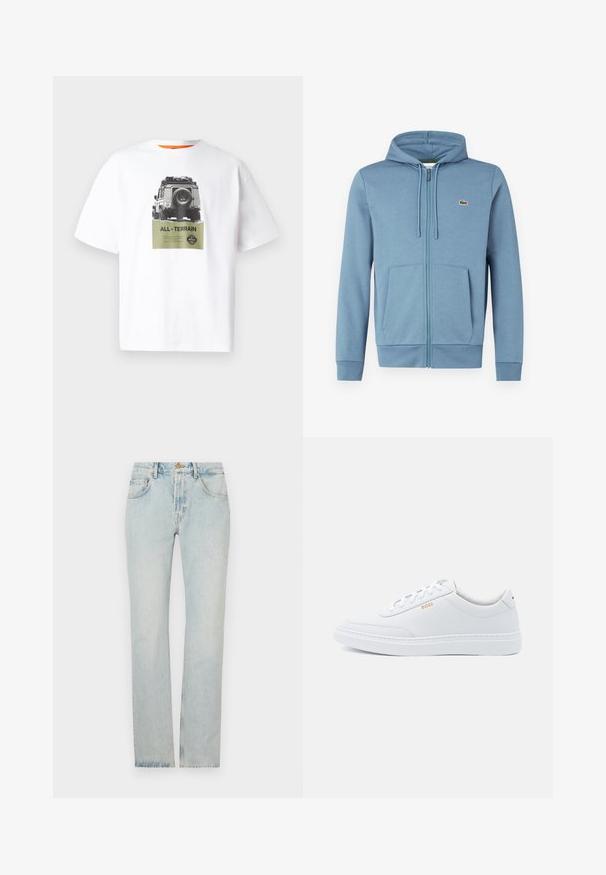 Lyseblå zip-up hoodie lavet af blødt stof. Har en hætte med snore, forlommer og et brandlogo på brystet.; Hvid bomulds t-shirt med et grafik af et køretøj og teksten "ALL-TERRAIN" i grøn, med et sort-hvidt design. Orange inderside af kraven.; Lysblå denim jeans med lige snit, fem-lomme design og lynlås. Stoffet viser let falming for et slidte udseende.; Hvide lædersneakers med glat tekstur, rund tå og ton-i-ton syning. Har blå snørebånd og et gult logo på siden.