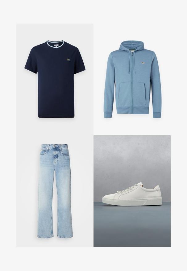 Lyseblå zip-up hoodie lavet af blødt stof. Har en hætte med snore, forlommer og et brandlogo på brystet.; Marineblåt T-shirt i bomuld, med en lys blå ribbet halsudskæring. Har et lille grønt krokodille-logo på brystet. Kortærmet design.; Lysblå vide jeans med høj talje, der har en falmet finish, bæltestropper og klassisk fem-lomme design. Kantene er rå.; Hvid lædersneaker med rund tå, minimalistisk design, grå snørebånd og en tekstureret grå gummisål. Subtile syningsdetaljer er synlige.