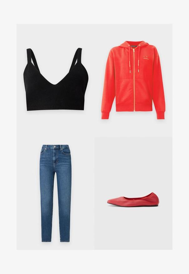 Rød zip-up hoodie med en glat tekstur, kængurulommer, snoretræk til hætten og logo i guld på brystet.; Sort strikket bh med dyb V-udskæring, brede skulderstropper og ribbet bånd. Glat tekstur uden synlig hardware eller detaljer.; Blå slim-fit jeans med høj talje, forreste knap- og lynlåslukke, bæltestropper og fem-lomme design.; Filippa K REY FLATS - Ballerinasko - bright red