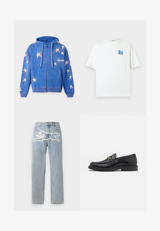 Blå hættetrøje med lynlås med hvide stjerneformede pletter, forlommer, snore og "KIDSUPER"-logo på højre bryst.; Hvid T-shirt med korte ærmer, med lille blåt rævlogo og teksten "Maison Kitsuné 2062 Paris" på øverste venstre bryst.; Lyselavendel denim jeans med en lige pasform, der har et stort hvidt grafik af en kat på ryggen. Klassisk fem-lommers design.; Sorte læder loafers med en rund tå, der har guld hardware accent og syningsdetaljer, placeret på en lav, tekstureret gummisål.