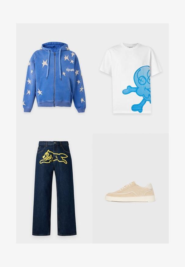 Blauer Kapuzenpullover mit Reißverschluss, weißen sternförmigen Aufnähern, Fronttaschen, Kordelzügen und "KIDSUPER"-Logo auf der rechten Brust.; Weißes T-Shirt mit kurzen Ärmeln und einer großen teilweise blauen Cartoon-Schädel-und-Knochen-Grafik auf der unteren rechten Seite.; Dunkelblaue Jeans aus Denim mit einer großen gelben Grafik eines springenden Charakters auf der Gesäßtasche. Gerades Bein-Design mit standardmäßiger Nähtechnik.; Beige Wildlederschuh mit weißer Sohle und Schnürsenkeln, niedrig geschnittenes Design und Zickzackprofil auf der Sohle.