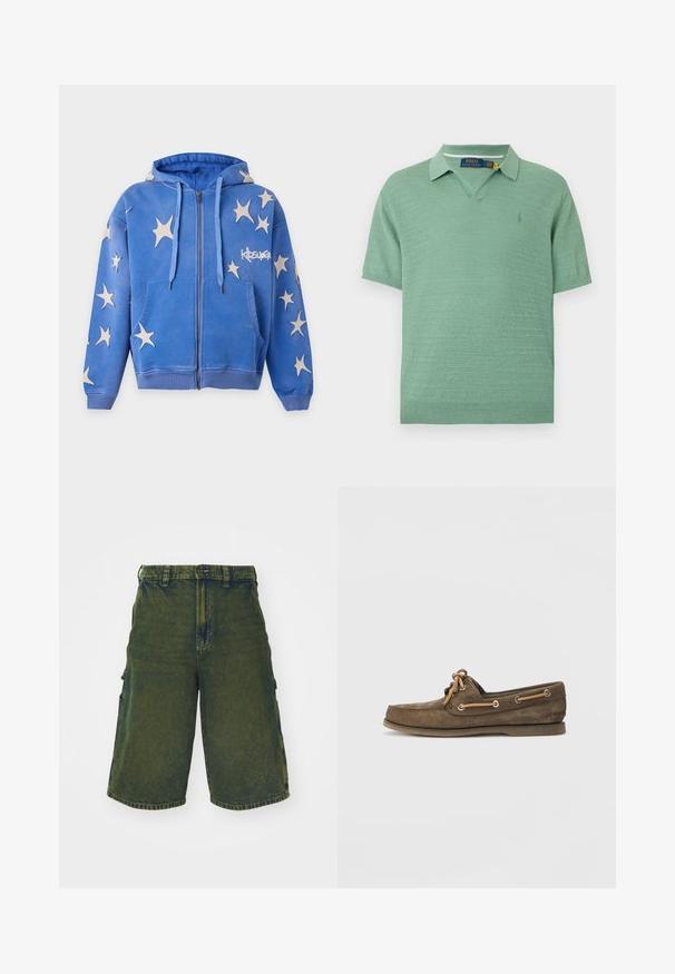 Sweat à capuche zippé bleu avec des patchs blancs en forme d'étoile, poches avant, cordons et logo "KIDSUPER" sur le côté droit de la poitrine.; Polo en maille vert clair à manches courtes avec col et logo discret sur le côté gauche de la poitrine.; Shorts cargo en denim vert avec une coupe décontractée, dotés de poches latérales et d'une fermeture à bouton. Texture effilochée et coupe droite.; Chaussure de bateau en cuir marron avec texture en daim, design à lacets, œillets en métal et semelle en caoutchouc, présentant un profil bas et une silhouette classique.