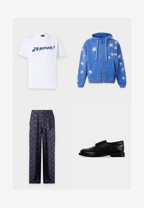 Blauwe zip-up hoodie met witte stervormige patches, voorzakken, trekkoorden en "KIDSUPER"-logo op de rechterborst.; Witte katoenen t-shirt met korte mouwen; heeft grafische tekst in blauw en zwart met de tekst "THE WHAT IS?" over de borst. Zachte textuur.; Wijde broekspijpen in donkere stof, met een geweven blauw patroon. De elastische tailleband zorgt voor comfort. Glad textuur met geometrische accenten.; Zwarte leren herenschoen met veters, lage hak en een aangebrachte merknaam aan de zijkant, weergegeven in zijaanzicht op een witte achtergrond.