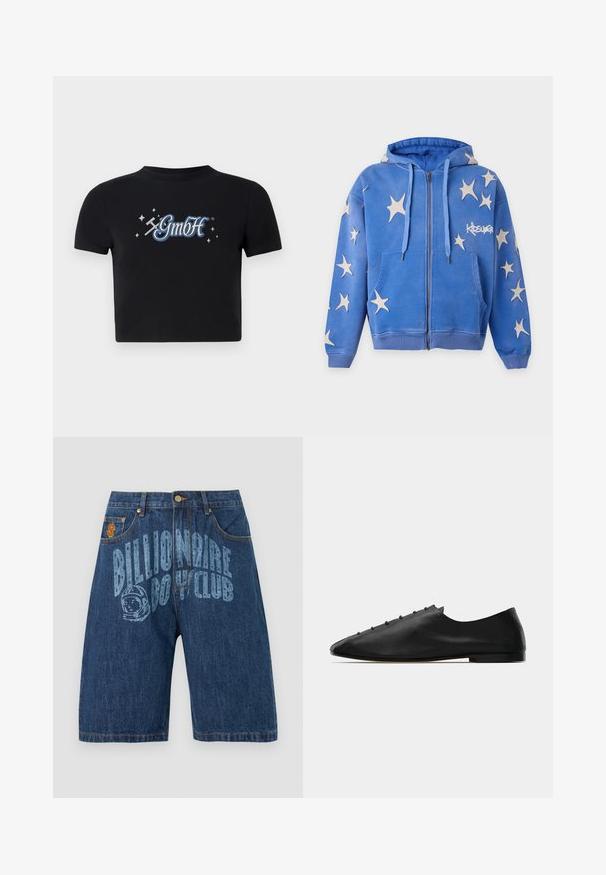Blauer Kapuzenpullover mit Reißverschluss, weißen sternförmigen Aufnähern, Fronttaschen, Kordelzügen und "KIDSUPER"-Logo auf der rechten Brust.; Schwarzes, kurzes T-Shirt aus Baumwolle mit rundem Ausschnitt, das auf der Vorderseite ein blaues und weißes "GmbH"-Logo zeigt, umgeben von kleinen Sternen.; Dunkelblaue Jeansshorts mit Taschen vorne, einem Knopfverschluss und einem verblassten "Billionaire Boys Club"-Logo sowie einer Astronautengrafik auf der Vorderseite.; Schwarzer Lederschuh mit spitz zulaufender Zehenpartie, minimalistischem Design und dekorativen kleinen Nieten entlang des Schafts. Flache Sohle ohne sichtbare Muster.