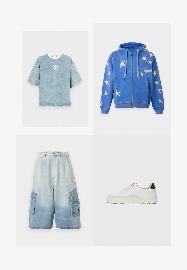 Sweat à capuche zippé bleu avec des patchs blancs en forme d'étoile, poches avant, cordons et logo "KIDSUPER" sur le côté droit de la poitrine.; T-shirt oversize bleu délavé à manches courtes avec une encolure ronde blanche et un petit logo circulaire délavé sur la poitrine.; Short cargo en denim bleu clair avec plusieurs poches à rabat et fermetures par boutons, taille haute et coupe jambes larges.; Baskets blanches avec des accents en daim, bout arrondi, lacets plats et semelle en caoutchouc crème. Présente une marque verte sur le talon.
