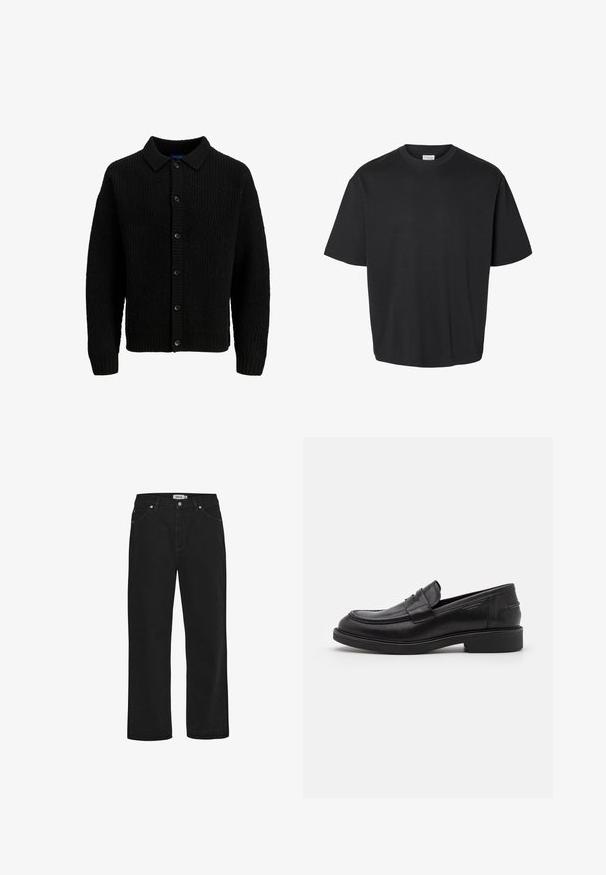 Cardigan de punto negro con cuello, que presenta un patrón texturizado, cierre de botones y puños acanalados. Sin logotipos ni acentos visibles.; Camiseta negra de manga corta con cuello redondo, corte holgado y una etiqueta blanca visible en el interior del cuello.; Vaqueros de mezclilla negra con corte recto, diseño de cinco bolsillos, detalles en hardware de cobre y una cinta de cintura resistente. Textura suave, estilo sin adornos.; Mocasines de cuero negro con puntera redondeada, costuras tonales y un detalle de tira en la parte frontal. Suela de goma con un tacón bajo.