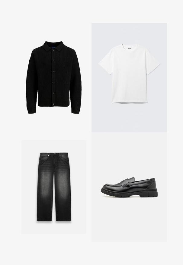 Sort strikket cardigan med krave, der har et struktureret mønster, knaplukning og ribbede manchetter. Ingen synlige logoer eller accenter.; Hvid kortærmet crewneck T-shirt lagt fladt ud, ensfarvet design, med "WEEKDAY" mærkat inde i kraven på en lys baggrund.; Sorte denim jeans med bred bendesign. Har fem lommer, let falmning og solid syning. Knaphul- og lynlås-lukning.; Sort læder loafersko med en bred rem over forfoden, gummisål med tykke mønstre og glat overflade. Klassisk, slankt design.