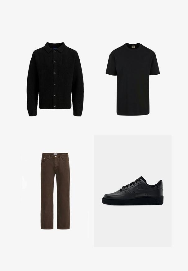 Zwarte gebreide cardigan met een kraag, voorzien van een textuurpatroon, knoopsluiting en geribde manchetten. Geen zichtbare logo's of accenten.; Urban Classics SHORTSLEEVE - T-shirt basic - black; Bruine denim jeans met een recht gesneden pasvorm, vijf zakkenontwerp en metalen details. Voorzien van een knoopsluiting en een merklabel op de tailleband.; Zwarte Nike Air Force 1 sneaker met een gladde leren bovenkant, geperforeerde neus voor ademend vermogen, zwarte veters en een getextureerde rubberen zool.