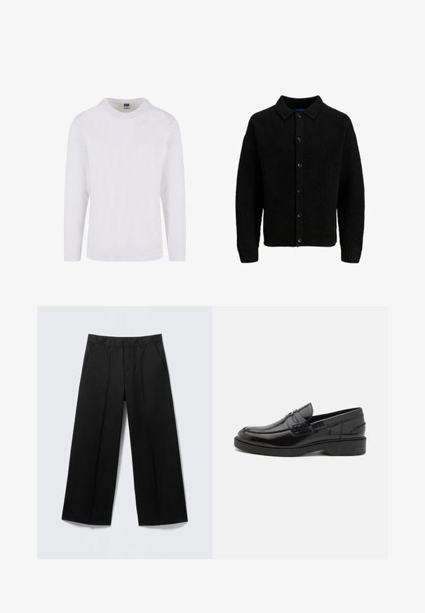 Sort strikket cardigan med krave, der har et struktureret mønster, knaplukning og ribbede manchetter. Ingen synlige logoer eller accenter.; Langærmet t-shirt med rund hals i hvidt bomuldsstof. Glat tekstur med et enkelt design uden synlige mønstre eller accenter.; Sorte vidde-bukser med bæltestropper, forlommer og lynlås foran, vist på en lysegrå baggrund.; Sorte læder loafers med en glat finish, rund tå, lav hæl og dekorativ syning langs forsiden. Gummisål for godt greb.