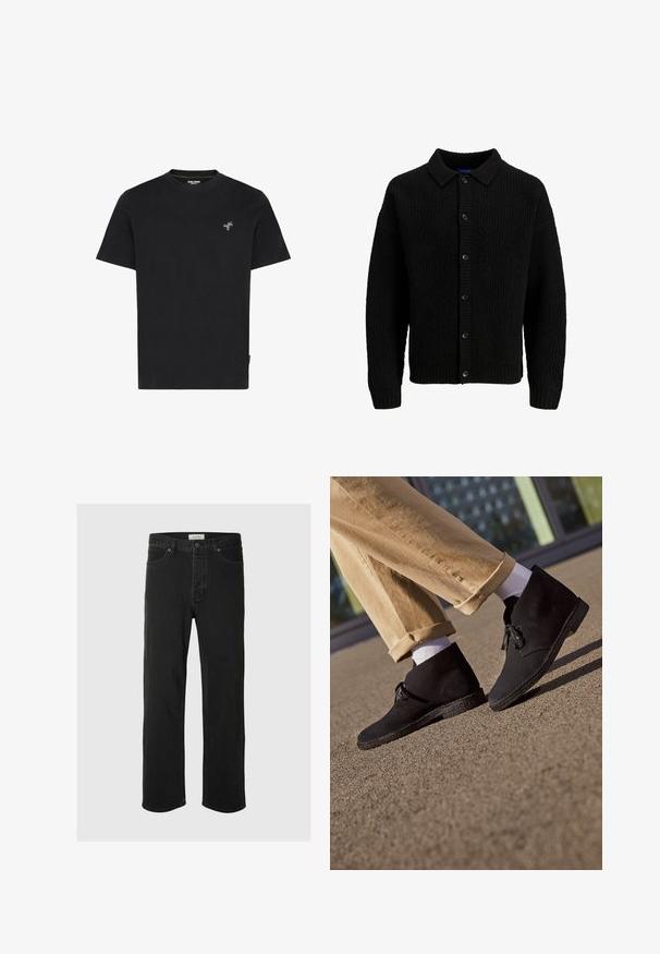 Sort strikket cardigan med krave, der har et struktureret mønster, knaplukning og ribbede manchetter. Ingen synlige logoer eller accenter.; Sort bomulds T-shirt med rund hals og korte ærmer, med en lille broderet grøn palmetræ på venstre bryst.; Sorte denim straight-leg jeans har et klassisk fem-lomme design med knaplukning, minimal syning og en blød tekstur.; Sorte ankelstøvler i ruskind med en struktureret sål, featuring en rund tå og snørebånd, parret med rullede kaki-bukser og hvide sokker.