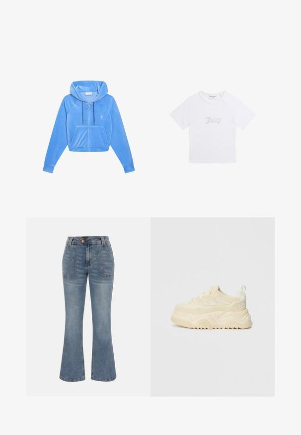 Korte blauwe hoodie van zacht materiaal met een ritssluiting aan de voorkant, koordjes en voorzakken. Inclusief geborduurde logodetail op de borst.; Witte korte mouw croptop T-shirt met "Juicy" in strass steentjes gecentreerd aan de voorkant en een ronde halslijn.; Blauwe denim jeans met hoge taille, voorzakken met patch, knoop- en ritssluiting en een licht uitlopende broekspijpsilhouet.; Stevige, romige witte sneakers met gestructureerd suede en gladde accenten, voorzien van een dikke zool, vetersluiting en een opvallend logo op de hiel.