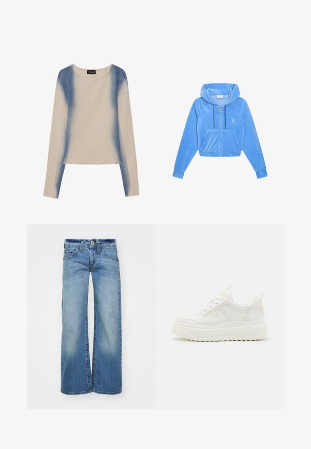 Korte blauwe hoodie van zacht materiaal met een ritssluiting aan de voorkant, koordjes en voorzakken. Inclusief geborduurde logodetail op de borst.; Langarmtop in lichtbeige, met een gradient blauw ontwerp. Glad textuur met een ronde halslijn en rechte zoom.; Lichtblauwe wijdvallende jeans van denim, met een vervaagde wassing, vijf zakken en een knoopsluiting met lussen voor een riem.; Witte leren sneakers met een stevige zool, vetersluiting en subtiele branding. Heeft een zachte textuur en een ronde neus.