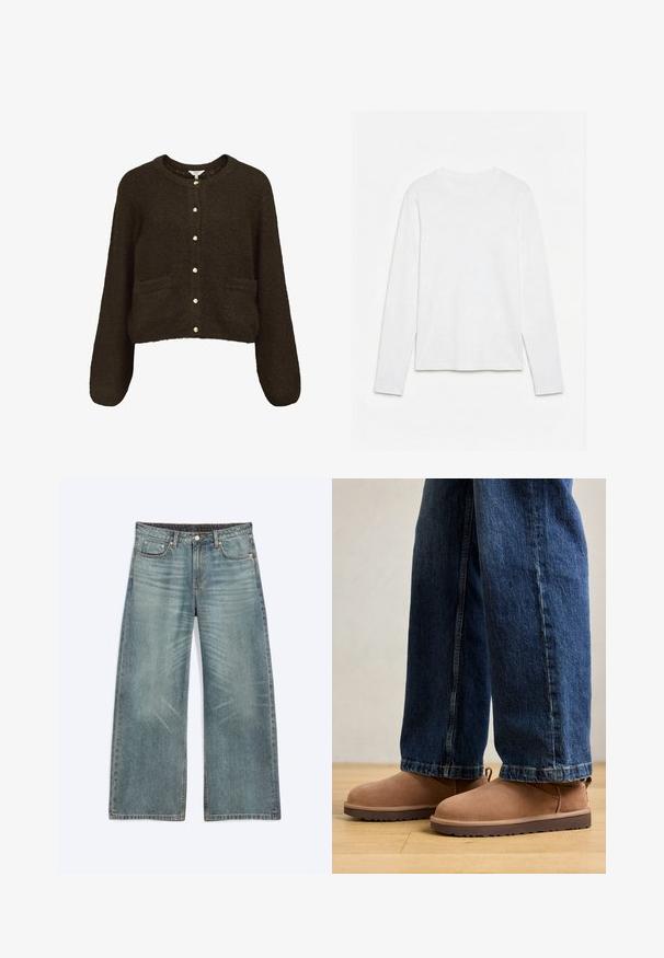 Mørkebrun strikket cardigan med rund hals, prydet med seks gyldne knapper, to forlommer og lange ærmer. Blød tekstur.; Helt hvid langærmet t-shirt med rund hals lagt fladt på en hvid overflade, der viser fronten og hele ærmelængden.; Blå vidde jeans med forlommer, bæltestropper, knaplukning og subtile falmede detaljer på lår og knæ.; Brune ruskinds ankelstøvler med flad sål, rund tå og en lille træktab, parret med blå denimjeans med lige skæring.