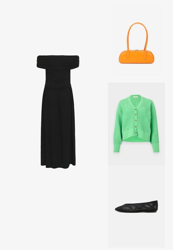 Grøn strikket cardigan med V-hals, fem træknapper, ribbet struktur og et cropped design med lange ærmer.; Sort off-the-shoulder maxi-kjole med samlet bodice og flydende kjole, lavet af blødt stof med en glat tekstur og elastisk talje.; Sort mesh flad sko med lukket tå og lav hæl, med åndbar vævet design og diskret side-logo.; Lille lys orange håndtaske med lange hanke, lynlås lukning og tekstureret overflade på hvid baggrund.
