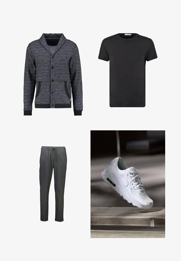 Grå, struktureret cardigan med sjalskrave, fem knapper, to frontlommer og ribborder. Har et subtilt mønster gennem hele.; Sort bomulds T-shirt med rund halsudskæring og korte ærmer. Stoffet har en glat tekstur og ingen mønstre eller detaljer. Normal pasform.; Grå træningsbukser med en tætsiddende pasform, der har en elastisk talje og snoretræk for justerbar komfort. Glat tekstur, minimalistisk design.; Hvide Nike Air Max 90 sneakers med en overdel i mesh og læder, perforeret tåboks og en synlig luftenhed i hælen.