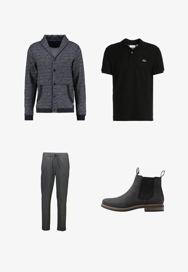 Grauer, strukturierter Cardigan mit einem Schalkragen, fünf Knöpfen, zwei Fronttaschen und gerippten Bündchen. Verfügt über ein subtil gemustertes Design.; Schwarzes Polo-Shirt aus Baumwollstoff, mit klassischem Kragen, kurzen Ärmeln und einem kleinen grünen Lacoste-Logo auf der linken Brust.; Graue Leggings mit schmalem Schnitt, ausgestattet mit einem elastischen Bund und einer Kordel zur Anpassung des Tragekomforts. Glatte Textur, minimales Design.; Schwarze Leder-Stiefelette mit elastischen Seiteneinsätzen, grünen Zuglaschen und einem braunen gestapelten Absatz. Verfügt über eine glatte Oberfläche und eine Nahtdetail.