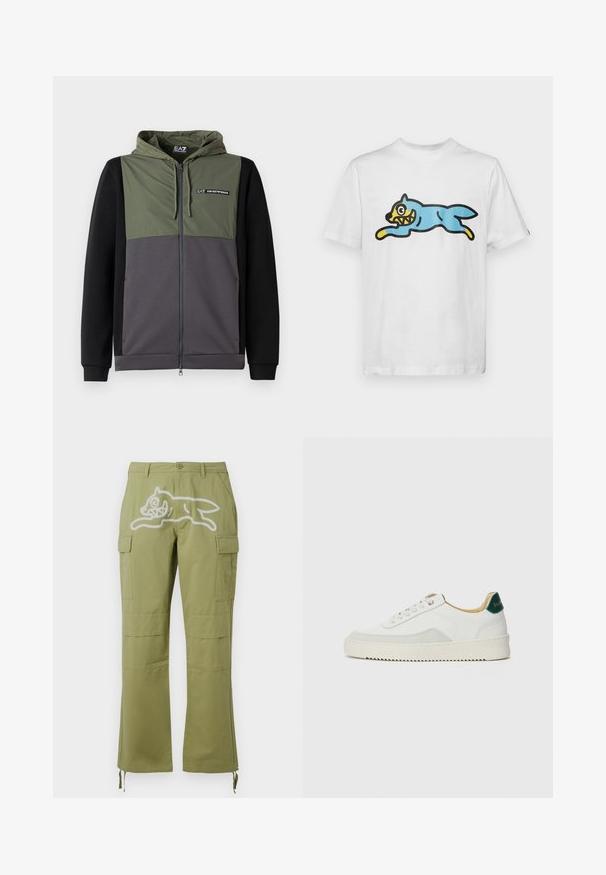 Sudadera con cremallera completa en un diseño de bloques de color verde, gris y negro. Cuenta con una capucha desmontable, puños elásticos y un acento de logo en el pecho.; Camiseta blanca de algodón con un gato de estilo cartoon azul, con cara amarilla y dientes afilados, posicionado en una postura de salto.; Icecream RUNNING DOG PANTS - Pantalones cargo - green; Zapatilla blanca con acentos de ante, puntera redondeada, cordones planos y suela de goma color crema. Presenta un logo verde en el talón.