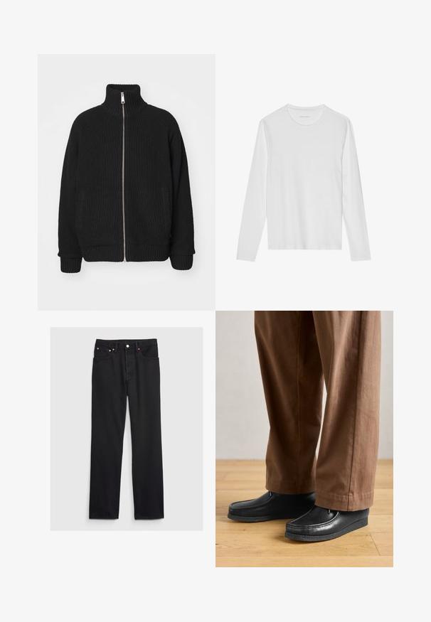 Carhartt WIP BANLEY JACKET - Chaqueta de punto - black; Camiseta blanca de manga larga hecha de algodón suave, con cuello redondo y una textura lisa sin patrones ni detalles visibles.; GAP 90S LOOSE - Vaqueros holgados - black; Zapatos de cuero negros con diseño de mocasín y detalles de costura, combinados con pantalones marrones, sobre un suelo de madera.