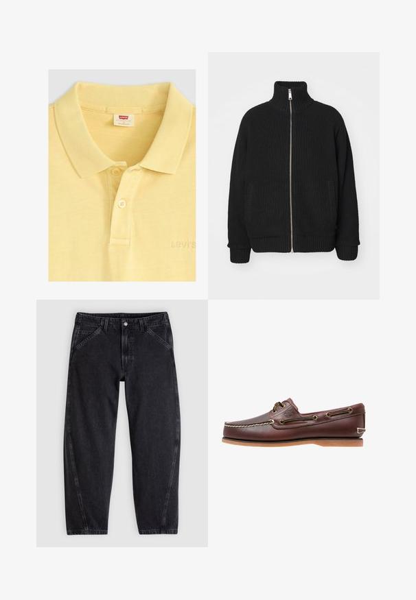 Carhartt WIP BANLEY JACKET - Chaqueta de punto - black; Levi's® Polo - acacius stripe egret; Vaqueros de mezclilla negra con un corte holgado, con cinturilla estándar, diseño de cinco bolsillos y costuras en contraste a lo largo de las costuras.; Zapato náutico de cuero marrón con costuras blancas, detalles de cordones y suela de goma color coñac, mostrado de lado sobre un fondo blanco.