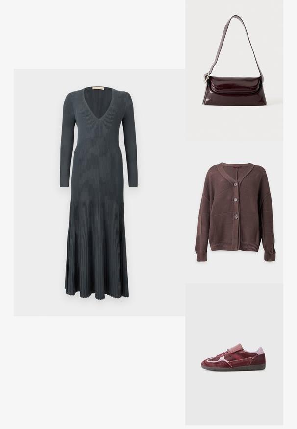 Chaqueta de punto marrón con tres botones, puños y dobladillo acanalados, y cuello en V sobre un fondo liso.; Vestido largo gris oscuro con costillas, escote en V profundo y mangas largas. Bajo acampanado con textura vertical en toda la tela.; Zapatilla de ante roja con una puntera lisa, paneles laterales texturizados, cordones tonales y una correa de Velcro. Presenta una suela de goma negra duradera.; Bolso bandolera de cuero burdeos oscuro con cierre de solapa y una correa ajustable delgada, exhibido sobre un fondo claro y liso.