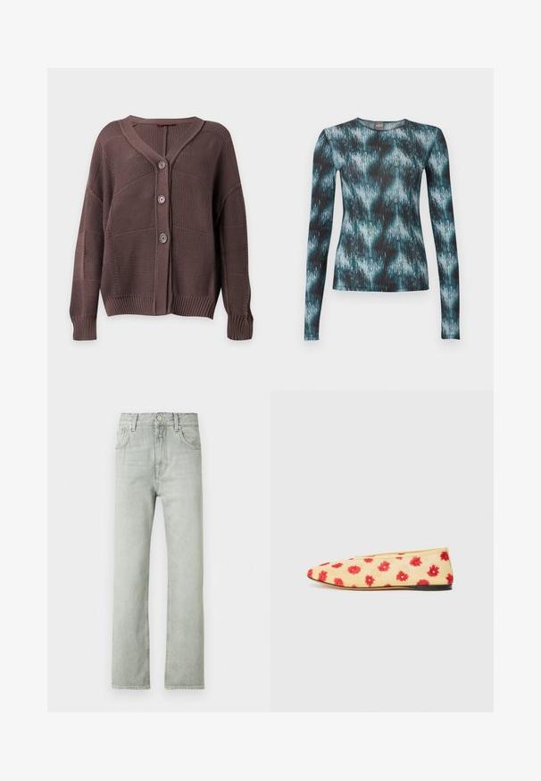 Cardigan marron tricoté avec trois boutons, poignets et ourlet côtelés, et col en V sur un fond uni.; Haut ajusté à manches longues avec col rond, présentant un motif abstrait de coups de pinceau en turquoise, noir et blanc.; Jean en denim gris clair avec une coupe droite, cinq poches et une fermeture à boutons sur le devant. Texture douce et design minimaliste.; Chaussure plate avec une tige en tissu jaune ornée d'un motif floral en rouge. Bout pointu, design minimaliste et semelle en caoutchouc noir.