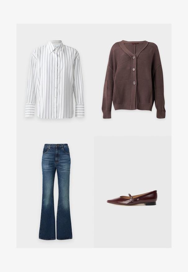 Brun strikket cardigan med tre knapper, ribkant ved ærmer og bund samt V-hals på ensfarvet baggrund.; Hvid langærmet skjorte med smalle blå lodrette striber, knaplukning foran og klassisk krave. Glat bomuldsstof, afslappet pasform.; Blå denim jeans med høj talje, med falmede områder, frontlommer, knaplukning og udvidede vide ben.; Burgundyrød patenteret lædersko med spids tå og en dekorativ rem over vristen. Har en lav sort hæl.