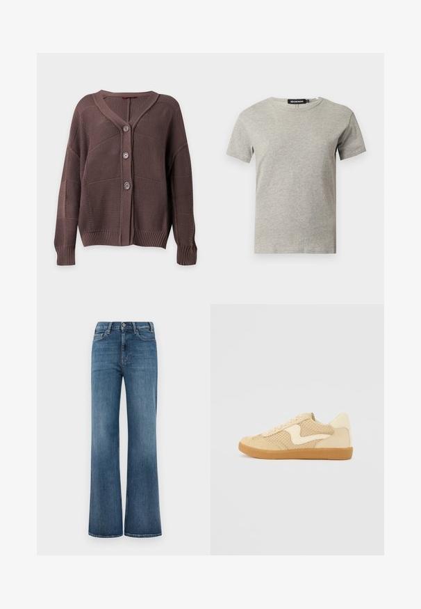 Brun strikket cardigan med tre knapper, ribkant ved ærmer og bund samt V-hals på ensfarvet baggrund.; Lysegrå kortærmet crew neck bomulds T-shirt med synligt sort mærke inde i kraven med teksten "DENIM" og størrelse "S".; Blå denimjeans med bred benklip, knap- og lynlåslukning samt for- og baglommer, præsenteret på en simpel hvid baggrund.; Beige sneakers med ruskind og mesh-materialer, rund form, fremtrædende polstret krave og en gummikondisko. Har et bølge-design som accent.
