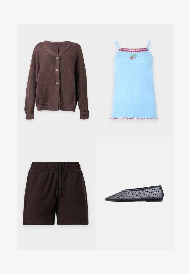Cardigan marron tricoté avec trois boutons, poignets et ourlet côtelés, et col en V sur un fond uni.; Haut bleu clair sans manches avec fines bretelles, bordure rouge en forme de vagues et petit motif de fraise brodé sur la poitrine.; Shorts à taille élastique noire avec cordon de serrage, devant plat et poches latérales, présentés sur un fond clair uni.; Chaussure plate noire à bout pointu, en tissu transparent avec un motif à pois noirs sur un fond clair.