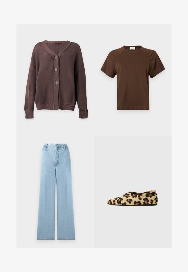 Bruine gebreide cardigan met drie knopen, geribde manchetten en zoom, en een V-halskraag op een effen achtergrond.; Bruine t-shirt met korte mouwen, een ronde halslijn en geplooide details op de mouwen. Voorzien van een subtiel reliëflogo aan de onderkant voorkant.; Lichtblauwe wijde jeans gemaakt van denim met een hoge taille, voorzien van vijf riemlussen, een voorknopsluiting en gestikte naden.; Luipaardprint platte schoenen van zacht bont, met een puntige neus en een lage profiel. Natuurlijke tinten met zwarte accenten.