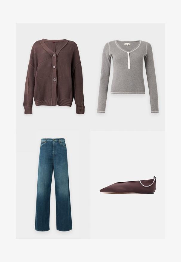 Cardigan marron tricoté avec trois boutons, poignets et ourlet côtelés, et col en V sur un fond uni.; Haut en maille côtelée grise à manches longues avec col en V, patte de boutonnage blanche et détails de couture blancs contrastants aux poignets et à l'ourlet.; Jean denim bleu à jambes larges, taille haute, fermeture devant par bouton et zip, et poches avant sur fond uni.; Chaussure plate marron foncé à bout pointu avec un petit talon et un détail chaîne en strass argentée à l'arrière.