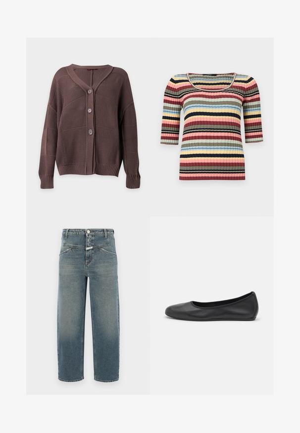 Brun strikket cardigan med tre knapper, ribkant ved ærmer og bund samt V-hals på ensfarvet baggrund.; Figursyet ribstrikket top med albuelange ærmer, rund halsudskæring og vandrette striber i marineblå, pink, gul, blå og beige.; CLOSED STOVER X - Jeans Tapered Fit - mid blue; Sort læderballetsko med rund tå, glat tekstur, minimal syning og et fleksibelt såldesign.