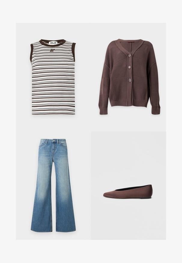 Cardigan marron tricoté avec trois boutons, poignets et ourlet côtelés, et col en V sur un fond uni.; Haut blanc sans manches avec fines rayures horizontales marron foncé, bordure marron foncé au col et aux emmanchures, et logo "6F" au centre de la poitrine.; Jean en denim bleu à taille haute et jambes larges, avec poches avant, passants de ceinture, bouton et fermeture éclair.; Ballerines en tissu marron avec un bout pointu et une texture lisse, dotées d'un talon bas et d'une fine semelle noire. Aucune motif ni élément métallique visible.
