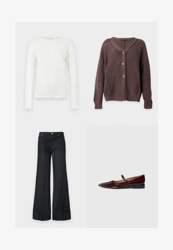Cardigan marron tricoté avec trois boutons, poignets et ourlet côtelés, et col en V sur un fond uni.; Chemise blanche à manches longues avec de fines rayures horizontales roses, dotée d'un col en V et d'une coupe décontractée. Texture douce, style casual.; Jean en denim noir à jambes larges avec poches avant, passants pour ceinture et fermeture par bouton à la taille.; Ballerines en cuir verni bordeaux de type Mary Jane avec un bout pointu, un talon plat et une sangle décorative avec une boucle circulaire.