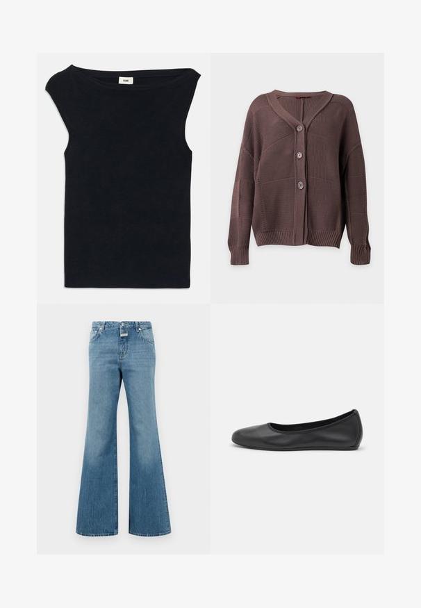 Brun strikket cardigan med tre knapper, ribkant ved ærmer og bund samt V-hals på ensfarvet baggrund.; Sort ærmeløs top lavet af blødt stof, med en bred udskæring og en tætsiddende pasform. Glat tekstur med en ren afslutning ved kanten.; Lyseblå denim flarebukser med medium talje, der har frontlommer, én knaplukning og subtile slidser.; Sort læderballetsko med rund tå, glat tekstur, minimal syning og et fleksibelt såldesign.