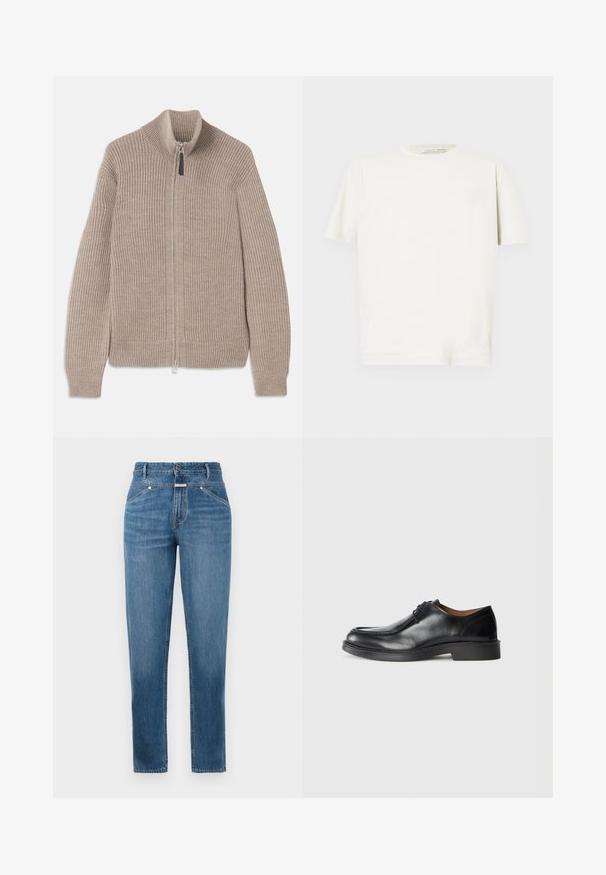 Beige strikket zip-up sweater med ribbet tekstur, høj krave og lange ærmer. Har en metallisk lynlås og ingen yderligere mønstre.; Hvid kortærmet t-shirt, lavet af blødt bomuld, med rund halsudskæring og almindelig pasform. Glat tekstur og minimalistisk design.; Blå, højtaljede straight-leg jeans med frontlommer, bæltestropper, knaplukning og subtile falmningdetaljer.; Sorte lædersko med rund tå, glat overflade, snøre detaljer og en lav, tekstureret gummisål. Rene linjer og minimalistisk design.