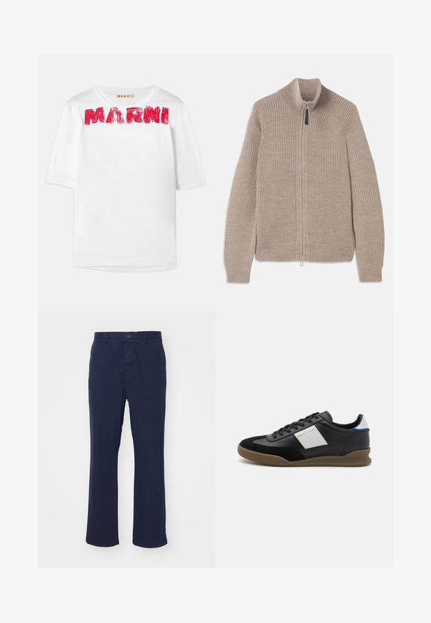 Beige strikket zip-up sweater med ribbet tekstur, høj krave og lange ærmer. Har en metallisk lynlås og ingen yderligere mønstre.; Hvid kortærmet t-shirt med bred rund halsudskæring og trykt "MARNI" logo i rød, med en let struktureret stof.; Mørkeblå bomuldsbukser med lige ben-design, der har en frontknaplukning og sidelommer. Glat tekstur med minimal detaljer.; Sorte læder- og ruskinds sneakers med en grå panel, brun gummisål og blå detaljer på hælen. Har snørebånd og præget logo.