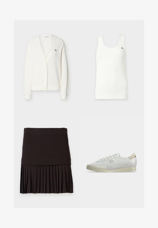 Cardigan blanc en tricot avec encolure en V, fermeture à boutons, manches longues, poignets côtelés, et petit logo crocodile vert sur le côté gauche de la poitrine.; Débardeur en maille blanc sans manches avec des motifs texturés verticaux subtils et un petit logo crocodile vert sur la partie supérieure gauche de la poitrine.; Jupe noire avec une large ceinture et une partie inférieure plissée, étalée à plat sur un fond blanc.; Baskets basses blanches en cuir à lacets à l'avant, semelle beige et petit logo crocodile sur le côté.