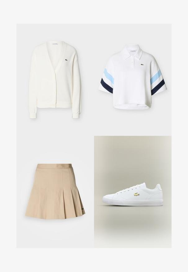 Cardigan blanc en tricot avec encolure en V, fermeture à boutons, manches longues, poignets côtelés, et petit logo crocodile vert sur le côté gauche de la poitrine.; Polo blanc court avec des rayures bleu clair et bleu marine sur les manches et un petit logo crocodile vert sur la poitrine.; Jupe plissée beige en tissu mélange de coton. Présente une taille ajustée et un petit logo brodé sur l'ourlet. Texture lisse.; Baskets blanches en cuir lisse avec un embout arrondi, des lacets plats et un petit logo doré. Présente une semelle en caoutchouc texturée et un design sobre.