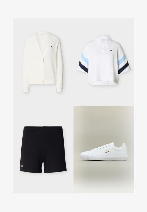 Cardigan blanc en tricot avec encolure en V, fermeture à boutons, manches longues, poignets côtelés, et petit logo crocodile vert sur le côté gauche de la poitrine.; Polo blanc court avec des rayures bleu clair et bleu marine sur les manches et un petit logo crocodile vert sur la poitrine.; Shorts en coton noirs avec ceinture élastique et petit logo crocodile vert sur l'ourlet inférieur gauche.; Baskets blanches en cuir lisse avec un embout arrondi, des lacets plats et un petit logo doré. Présente une semelle en caoutchouc texturée et un design sobre.