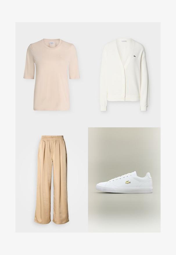 Cardigan blanc en tricot avec encolure en V, fermeture à boutons, manches longues, poignets côtelés, et petit logo crocodile vert sur le côté gauche de la poitrine.; T-shirt beige à manches courtes avec col rond et petit logo brodé sur la poitrine gauche, présenté sur fond blanc uni.; Pantalon beige à jambes larges avec taille élastique et plis à l'avant, fabriqué en tissu lisse et brillant.; Baskets blanches en cuir lisse avec un embout arrondi, des lacets plats et un petit logo doré. Présente une semelle en caoutchouc texturée et un design sobre.
