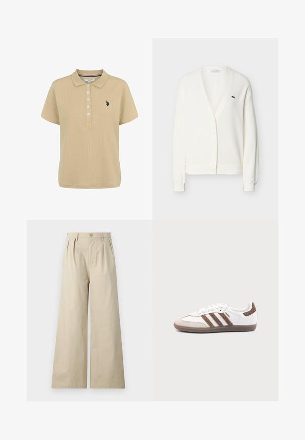 Valge kootud kardigan V-kaelusega, nööpidega, pikad varrukad, soonilised mansetid ja väike roheline krokodilli logo vasakul rinnal.; Beige ribaga kaelusega polo särk lühikeste varrukatega, viie nupuga nööbiriimed ja musta tikandiga logo vasakul rinnal. Pehme materjali tekstuur.; Kreemjad laiad püksid, mis on valmistatud puuvillast, pleatidega, nööbi kinnihoidmisega ja küljetaskutega, sujuva ja pehme tekstuuriga.; Valge Adidas Samba toss pruunide seemisnahast triipude, pruuni kummist tallaga ja beežika seemisnahast varbakattaga, kujutatud välisküljelt ühevärvilise tausta peal.
