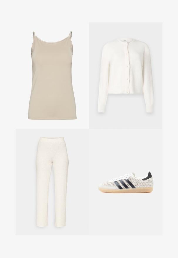 Hvid ribbet cardigan med rund hals, lange ærmer og seks perleknapdetaljer ned langs fronten. Blød tekstur og cropped fit.; Beige tanktop lavet af glat stof, med tynde stropper og et enkelt, fitted design med en ren udskæring og uden mønstre.; Cremefarvede ribbede bukser med en tætsiddende talje og lige ben, fremstillet af et blødt, tekstureret stof. Ingen synlige mønstre eller accenter.; Hvide mesh-sneakers med sort tre-stribet design, rundet tå og gummisål. Har blød hælkant og snørelukning.
