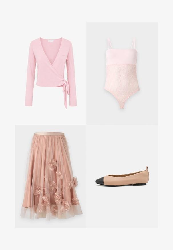 Lichtroze langarm wikkel top met V-hals en zijstrik detail, voorzien van een klein "OH APRIL" logo vlakbij de borst.; Lichtroze kanten body met spaghettibandjes en een gladde bovenkant tegen een effen lichte achtergrond.; Tule rok in zachtroze met een satijnen tailleband. Voorzien van gelaagde doorschijnende stof en driedimensionale bloemapplicaties verspreid over het geheel.; Leren balletschoenen met een naakt lichaam en een zwart cap toe. Beschikt over een minimalistisch ontwerp, een gladde textuur en een klein lusje aan de achterkant voor eenvoudig aan- en uittrekken.