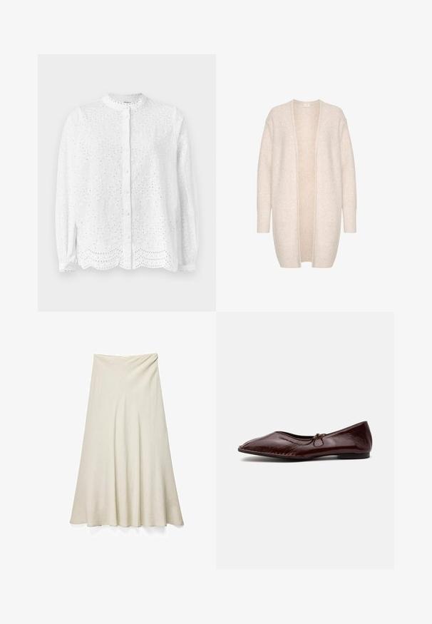 Lichtbeige cardigan gemaakt van zachte stof, met een open voorkant, lange mouwen en kleine, verspreide pailletten voor extra textuur.; Witte blouse met een ronde halslijn, lange mouwen en knoopsluiting; heeft geborduurde uitsnijdingen en een gegolfde zoom.; Lange beige A-lijnrok met een gladde, vloeiende stof en een licht uitlopende zoom, afgebeeld op een witte achtergrond.; Shiny donkerbruine platte schoen met puntige neus en klein strikdetail bovenop, getoond op een effen lichte achtergrond.