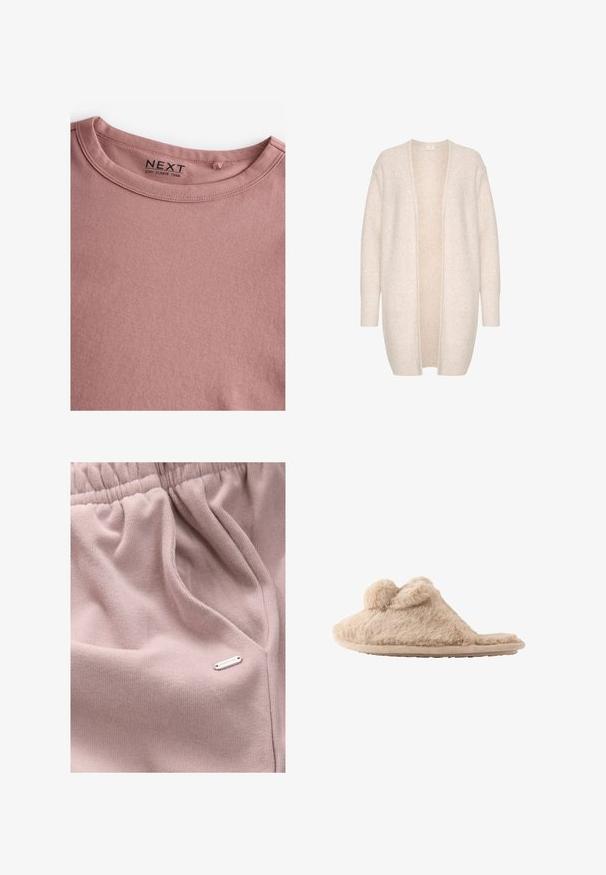 Cárdigan beige claro hecho de una tela suave, con un frente abierto, mangas largas y pequeños brillantes dispersos para añadir textura.; Camiseta de manga larga en color rosa polvoriento, hecha de algodón suave, con un sencillo cuello redondo y una textura lisa. La etiqueta dice "NEXT."; Tela de color rosa claro con textura acanalada, que presenta una cintura elástica y una pequeña etiqueta metálica con la inscripción "DOWNTIME" en un lateral.; Zapatilla beige y peluda que se pone deslizando, con dos pompones en la parte superior y suela plana, diseñada para uso en interiores.
