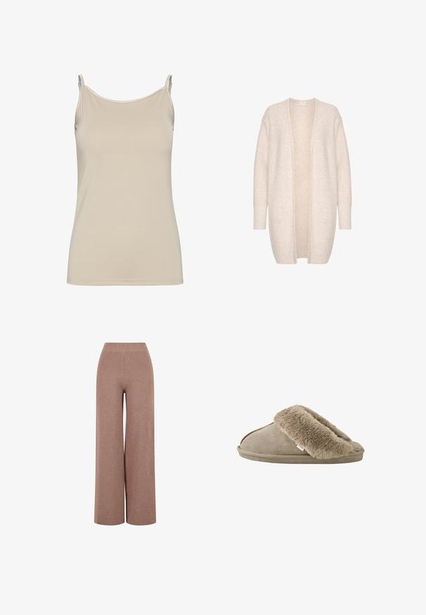Lys beige cardigan lavet af blødt stof, med åben front, lange ærmer og små, spredte perler for ekstra tekstur.; Beige tanktop lavet af glat stof, med tynde stropper og et enkelt, fitted design med en ren udskæring og uden mønstre.; Brune, vide strikkede bukser med et tekstureret stof, der har en elastisk talje og en løs pasform for komfort.; Beige slip-on tøfler med blød, plyssede pelsforing omkring åbningen og en ydersål med ruskindslignende overflade.