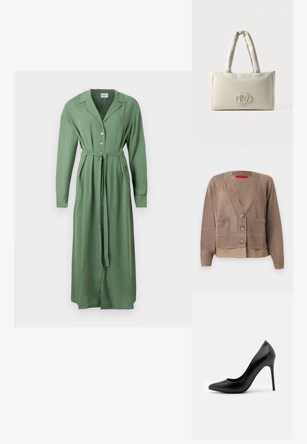 Cardigan en maille taupe avec trois boutons, deux poches avant, poignets et ourlet côtelés, superposé à un ourlet de chemise assortie.; Robe longue boutonnée vert sauge avec col, manches longues, poches latérales et ceinture à nouer à la taille.; Escarpin noir en cuir avec un bout pointu et une texture lisse. Dispose d'un talon aiguille fin et d'un décolleté bas.; Sac à main rectangulaire crème avec des poignées rembourrées et un logo Love Moschino en relief sur le devant.