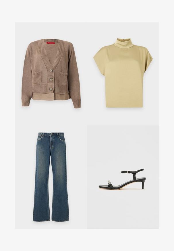 Taupe strikket cardigan med tre knapper, to forlommer, ribbet manchetter og kant, lagdelt over en matchende skjorte.; Beige kortærmet top med høj hals og knaplukning bag på kraven.; Bredde ben denim jeans i mellemblå med en falmet finish. Har fem lommer, bæltestropper og en metalknaplukning. Så lavet af bomuldsstof.; Sort læder sandal med hæl og ankelrem, åben tå, firkantet front og sølvfarvede metalaccenter. Figurformet design med en slank profil.