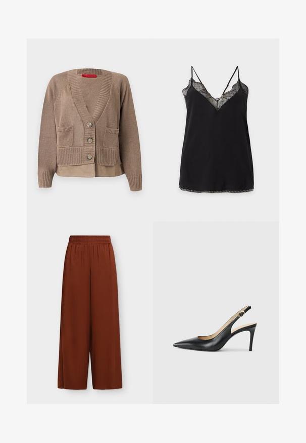 Cardigan en maille taupe avec trois boutons, deux poches avant, poignets et ourlet côtelés, superposé à un ourlet de chemise assortie.; Caraco noir avec bordure en dentelle à l'encolure et à l'ourlet, avec des fines bretelles réglables et un panneau supérieur en dentelle transparente.; Pantalon marron à jambes larges avec taille élastique, tissu lisse et coupe ample et décontractée, présenté sur un fond clair uni.; Escarpins en cuir noir avec une pointe fine, une bride ajustable et un talon aiguille élégant, présentant une finition lisse.